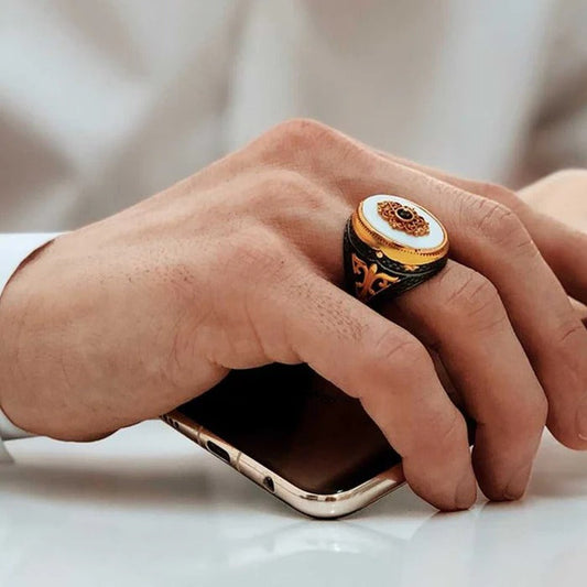 Original Pearl Stone Silver Luxury Mens Ring