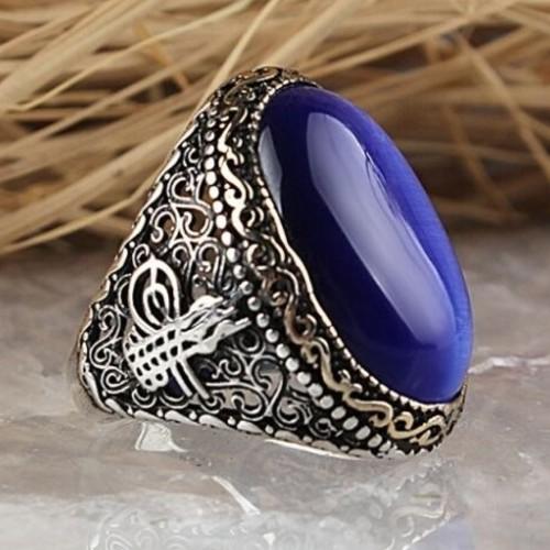 Ottoman Silver Blue Sapphire Stone Mens Ring