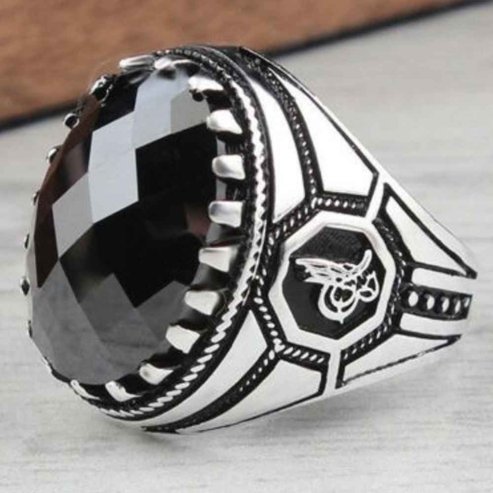 Ottoman Silver Heavy Onyx Stone Mens Ring