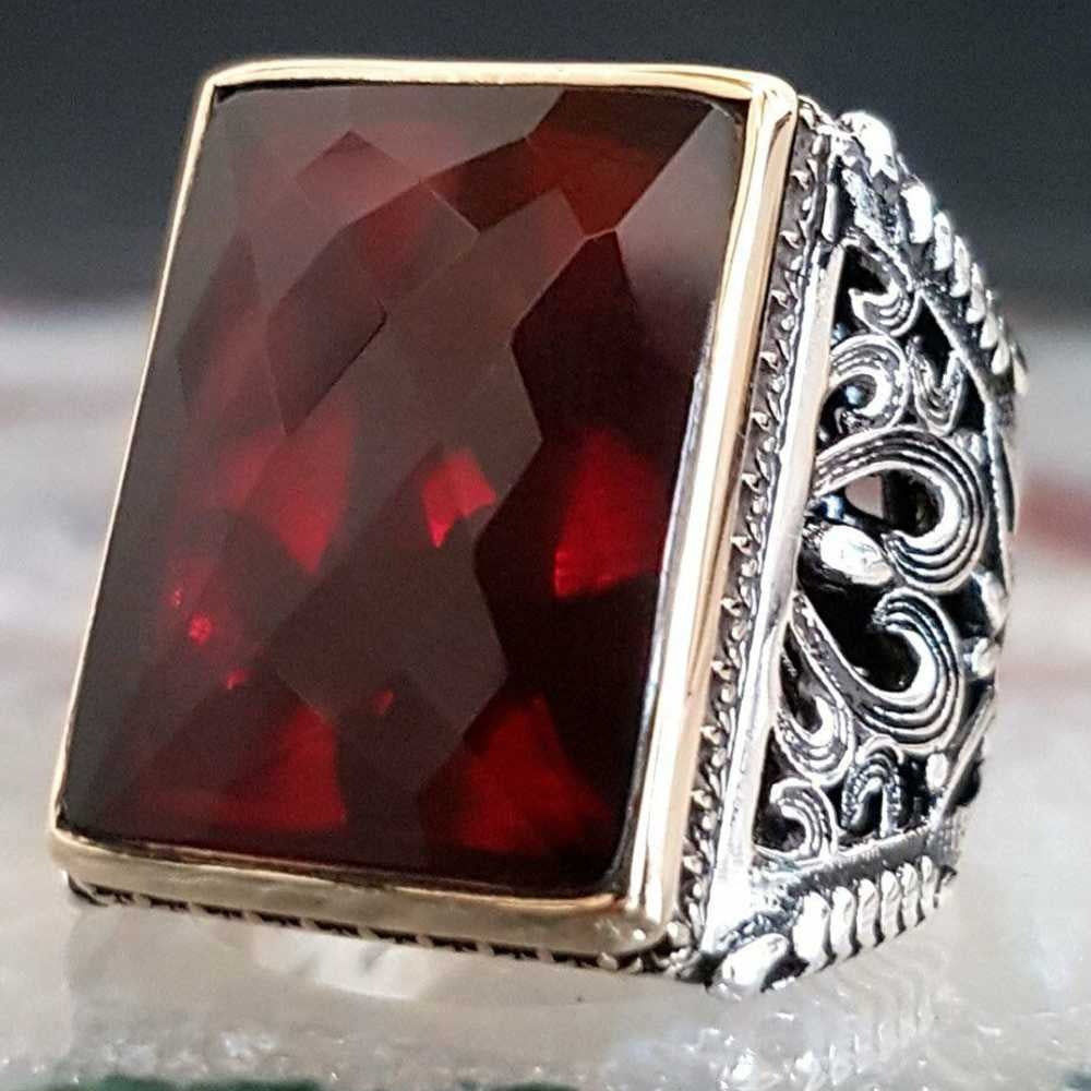 Rectangular Solid Silver Ruby Stone Heavy Mens Ring