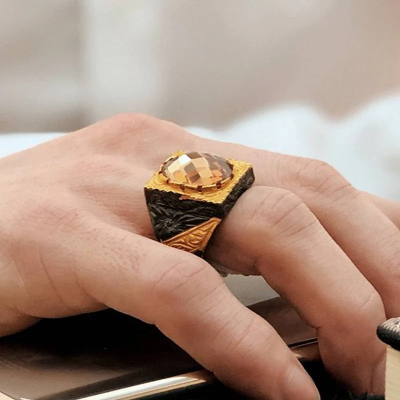 Rhodium Silver Citrine Stone Mens Ring