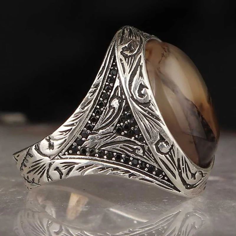 Royal Silver Natural Yemeni Agate Stone Mens Ring