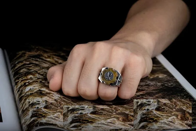 Tiger Eye Crossed Swords Design Spinner Ring With Sword Figure