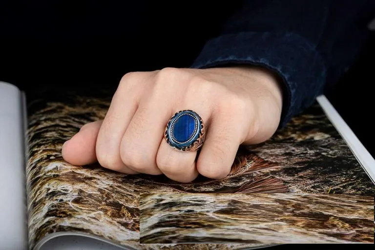 Oval Blue Tiger Eye Ornamented Silver Ring