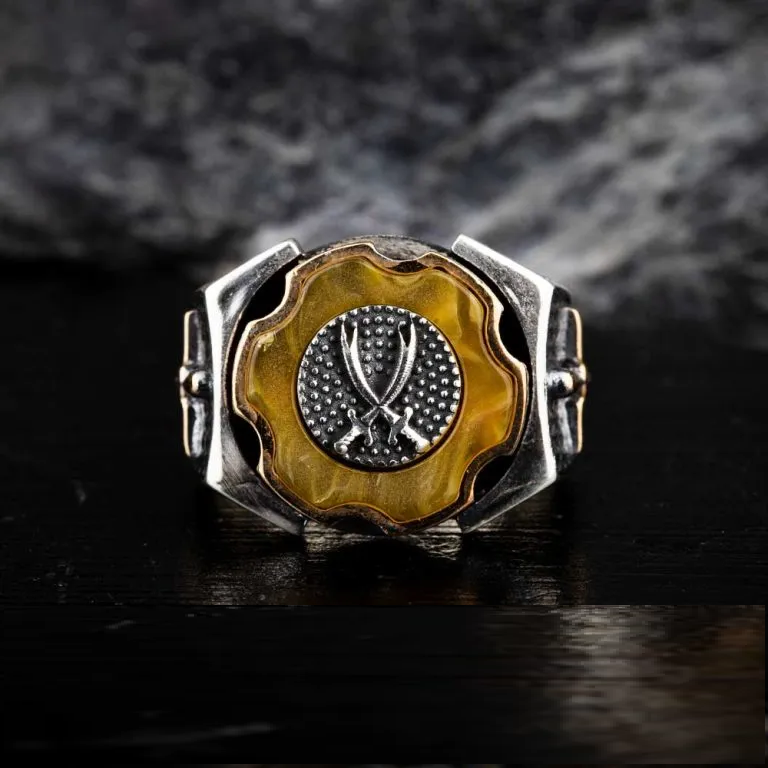 Tiger Eye Crossed Swords Design Spinner Ring With Sword Figure