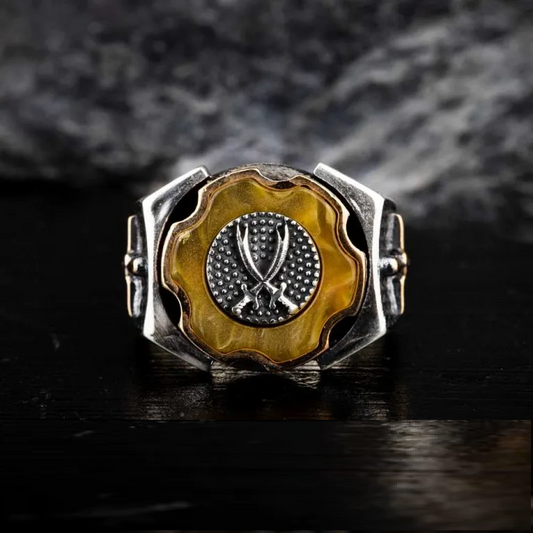 Tiger Eye Crossed Swords Design Spinner Ring With Sword Figure