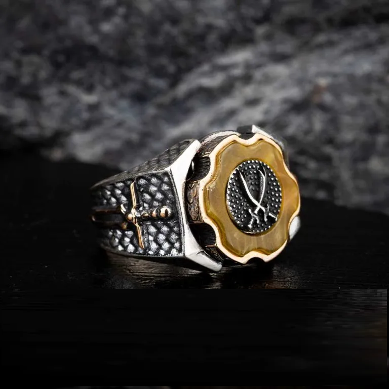 Tiger Eye Crossed Swords Design Spinner Ring With Sword Figure