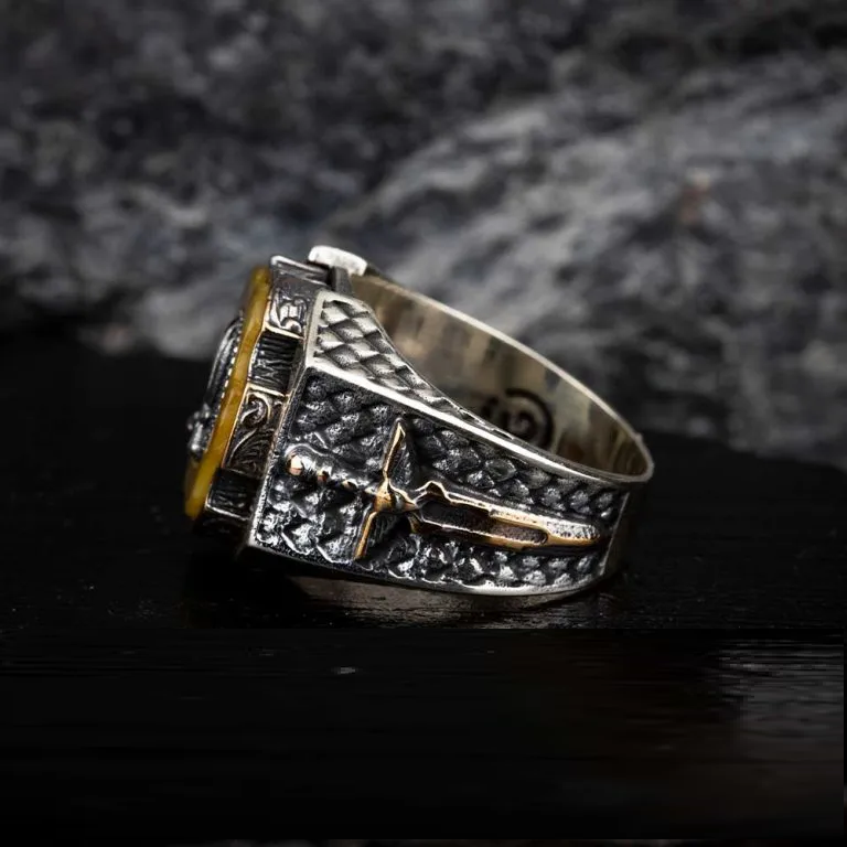 Tiger Eye Crossed Swords Design Spinner Ring With Sword Figure
