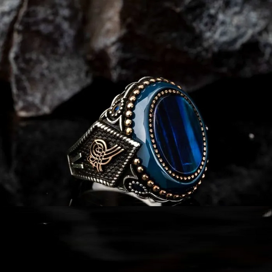 Oval Blue Tiger Eye Silver Ring With Tughra