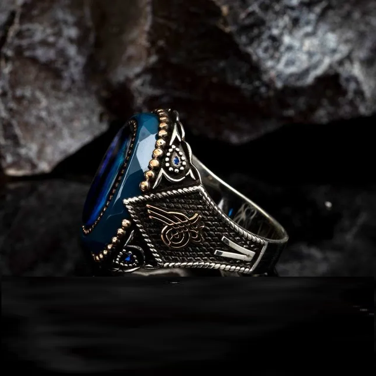 Oval Blue Tiger Eye Silver Ring With Tughra
