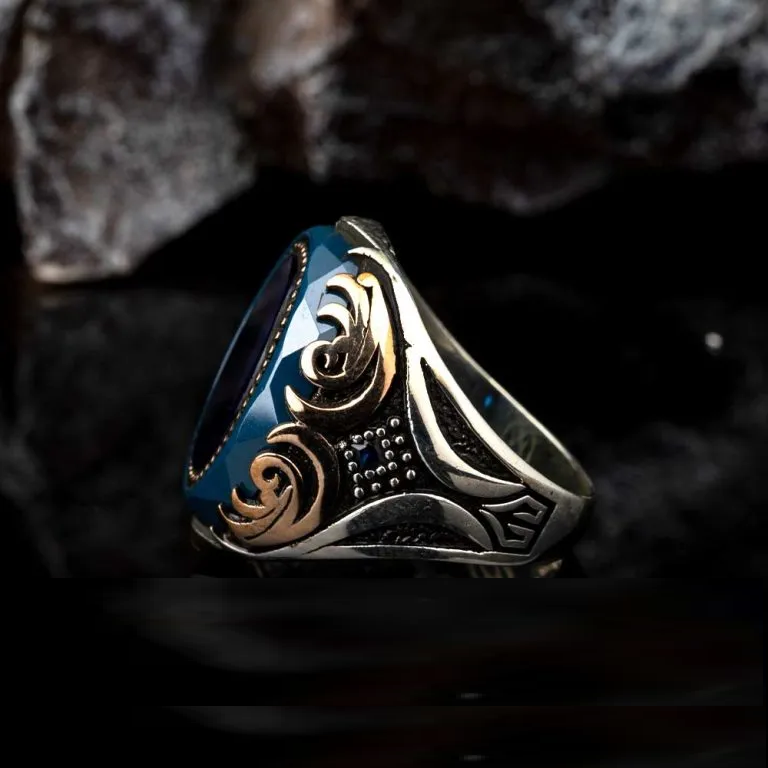 Oval Blue Tiger Eye Ornamented Silver Ring