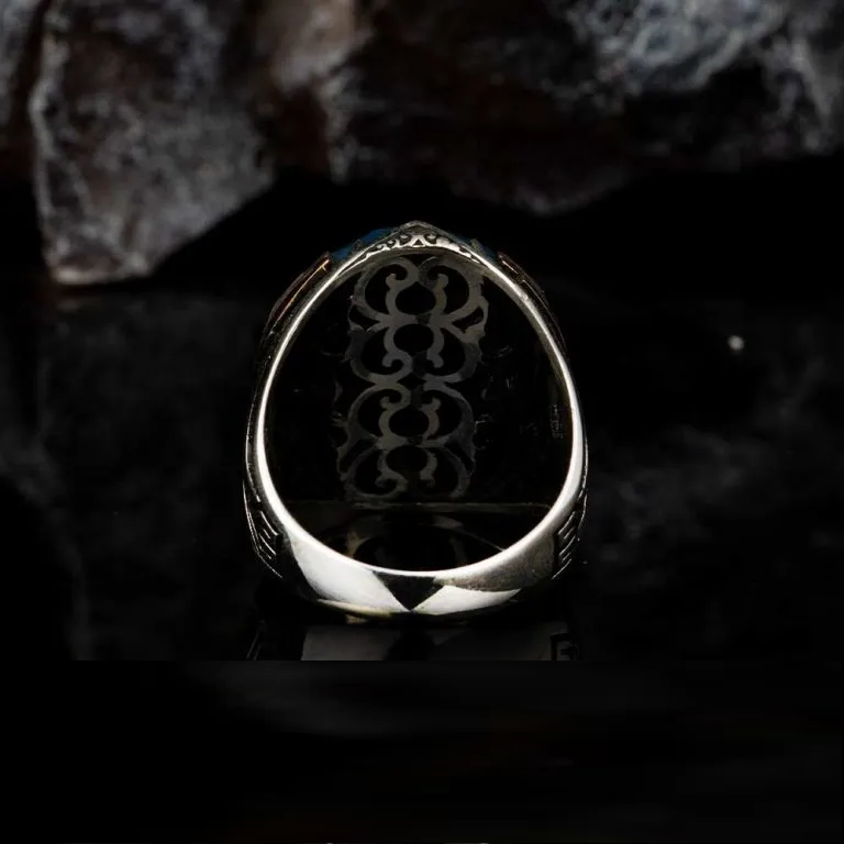 Oval Blue Tiger Eye Ornamented Silver Ring