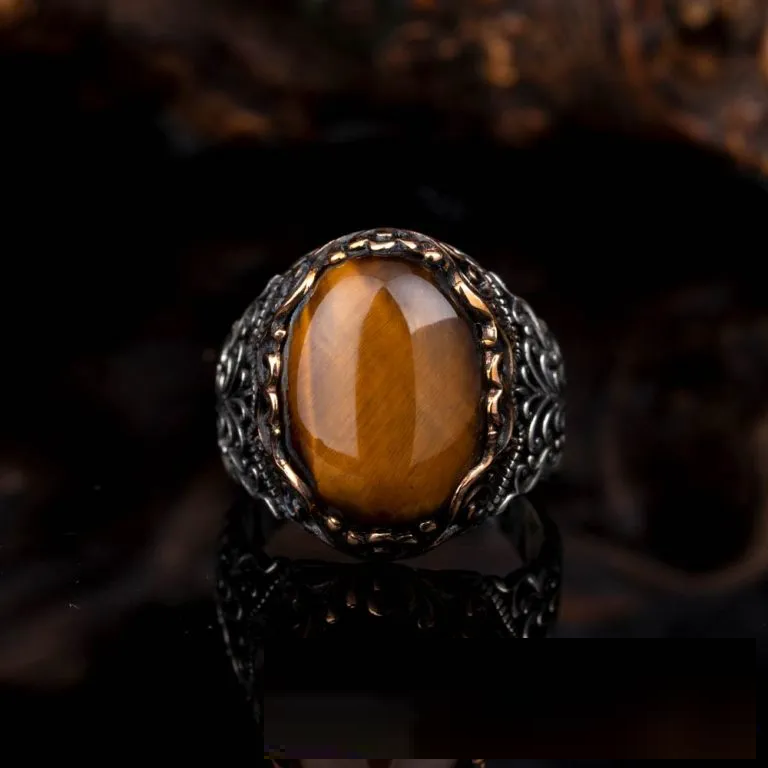 Brown Tiger Eye Oval Designer Silver Ring
