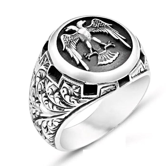 Hand Made Silver Man Ring Double Hawk