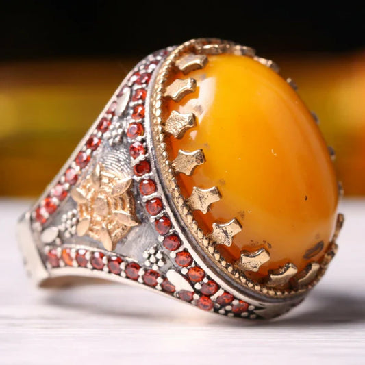 Silver Agate and Citrine Stone Mens Ring