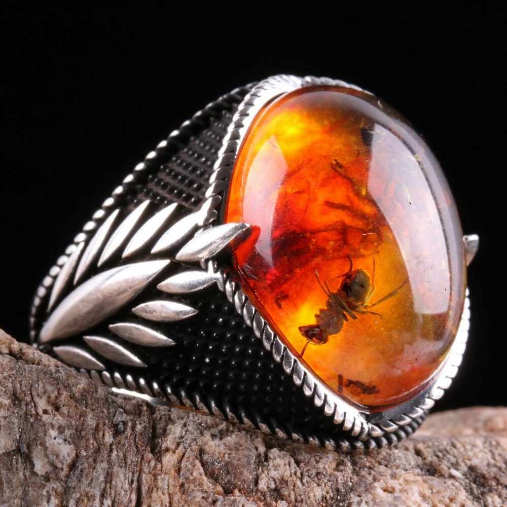 Silver Ant Fossil Amber Stone Nice Mens Ring