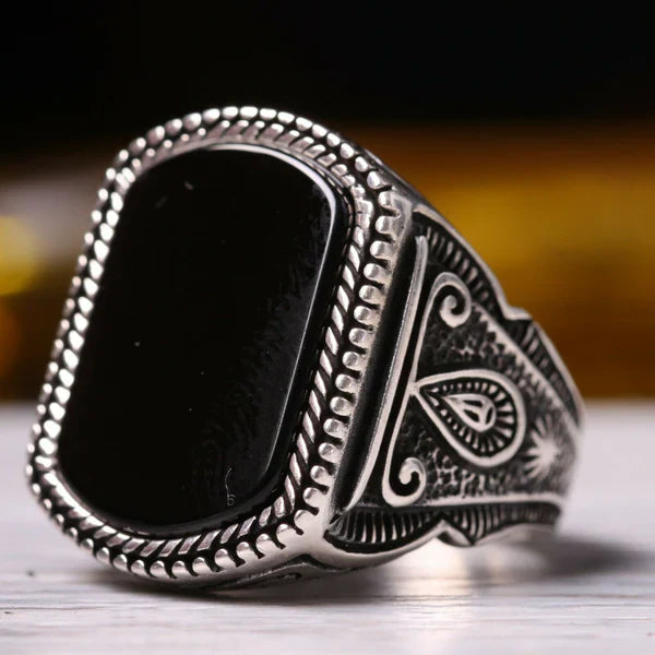 Silver Antique Black Onyx Stone Mens Ring