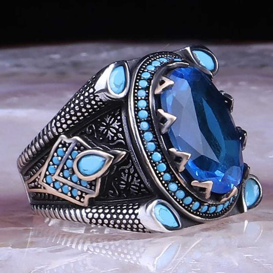 Silver Attractive Aquamarine Stone Elegant Mens Ring