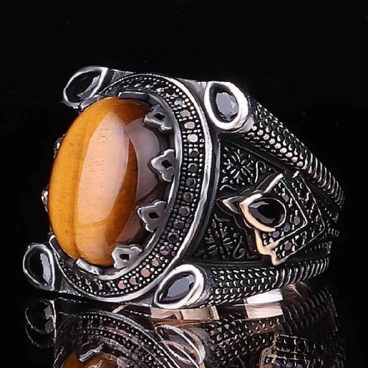 Silver Attractive Natural Tigers Eye Stone Mens Ring