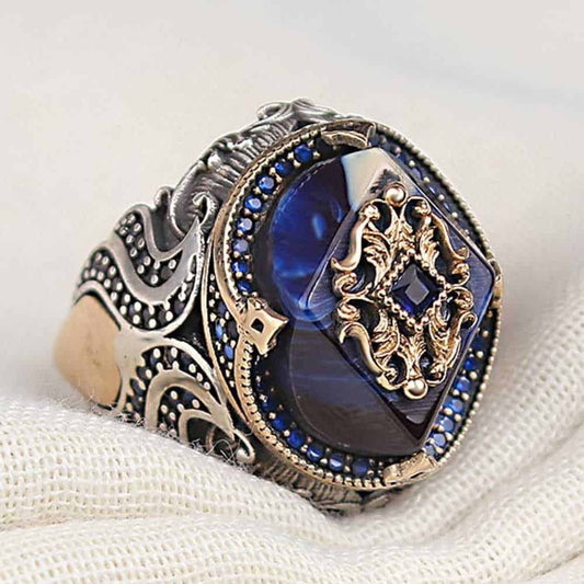 Silver Blue Amber Stone Mens Ring
