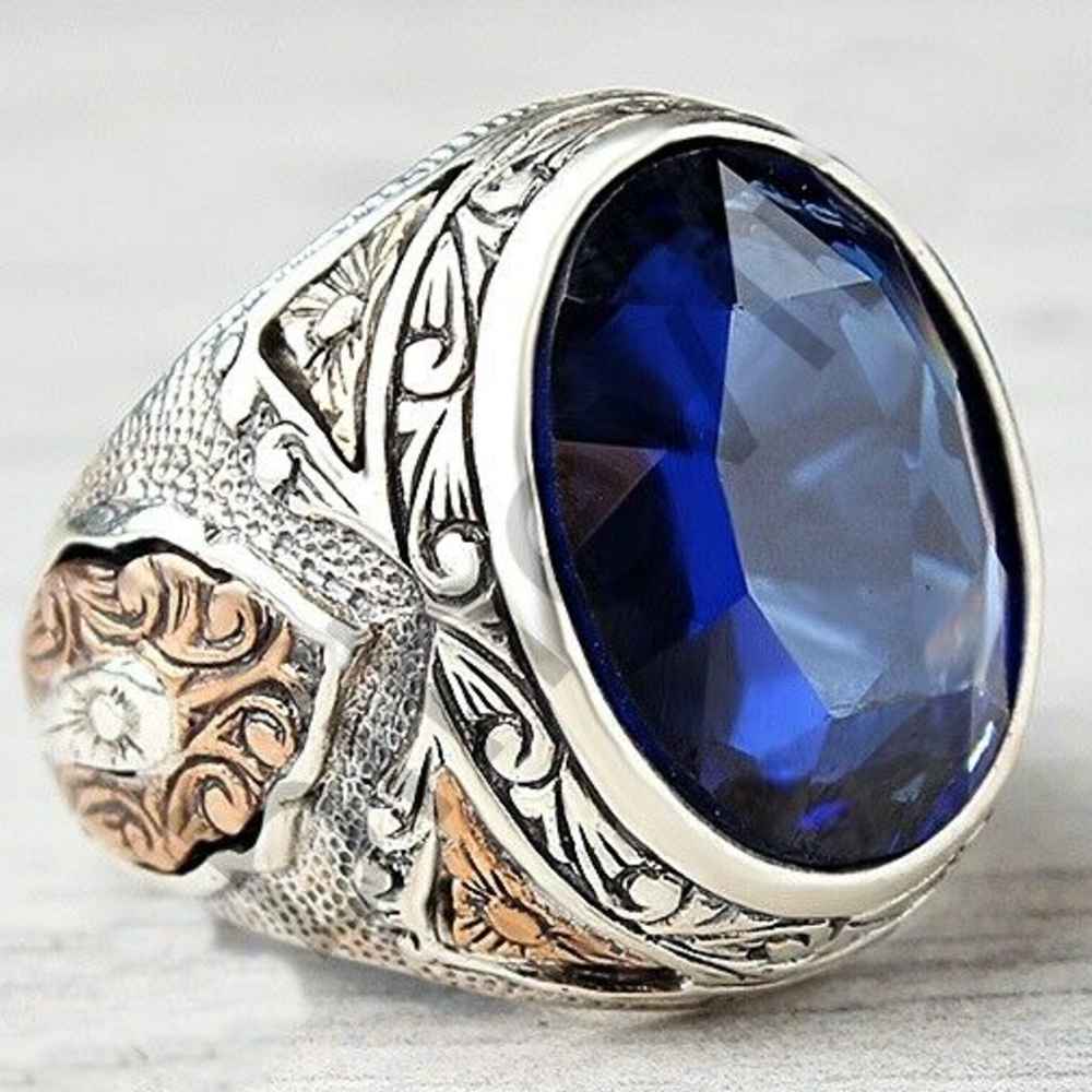 Silver Blue Sapphire Stone Handmade Ring for Men