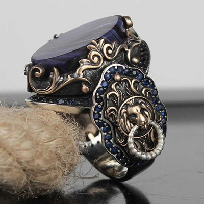 Silver Clear Amber and Sapphire Stone Lion Mens Ring