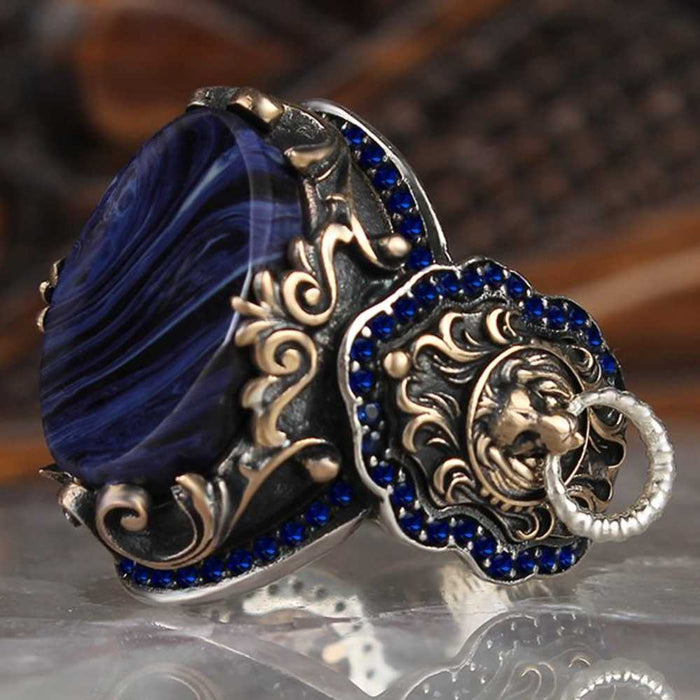 Silver Clear Amber and Sapphire Stone Lion Mens Ring