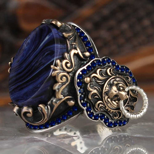 Silver Clear Amber and Sapphire Stone Lion Mens Ring