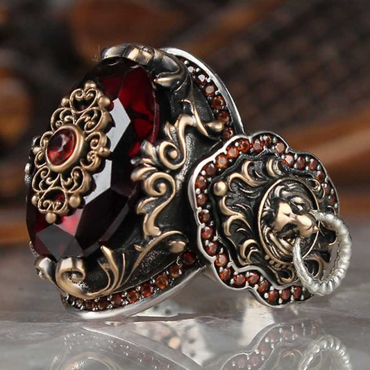 Silver Clear Ruby Stone Lion Mens Ring
