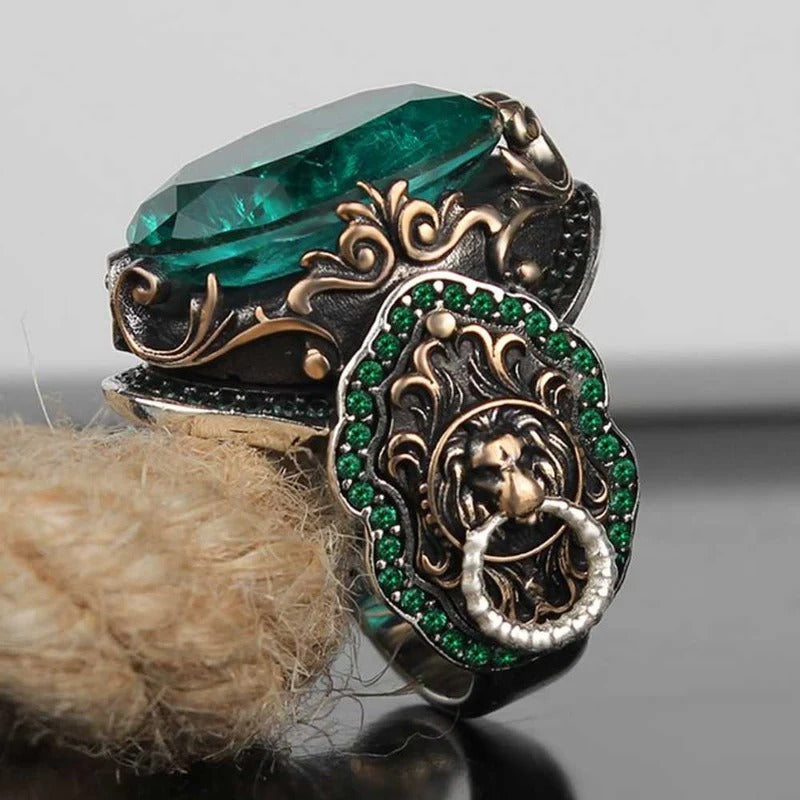 Silver Clear Tourmaline Stone Lion Mens Ring