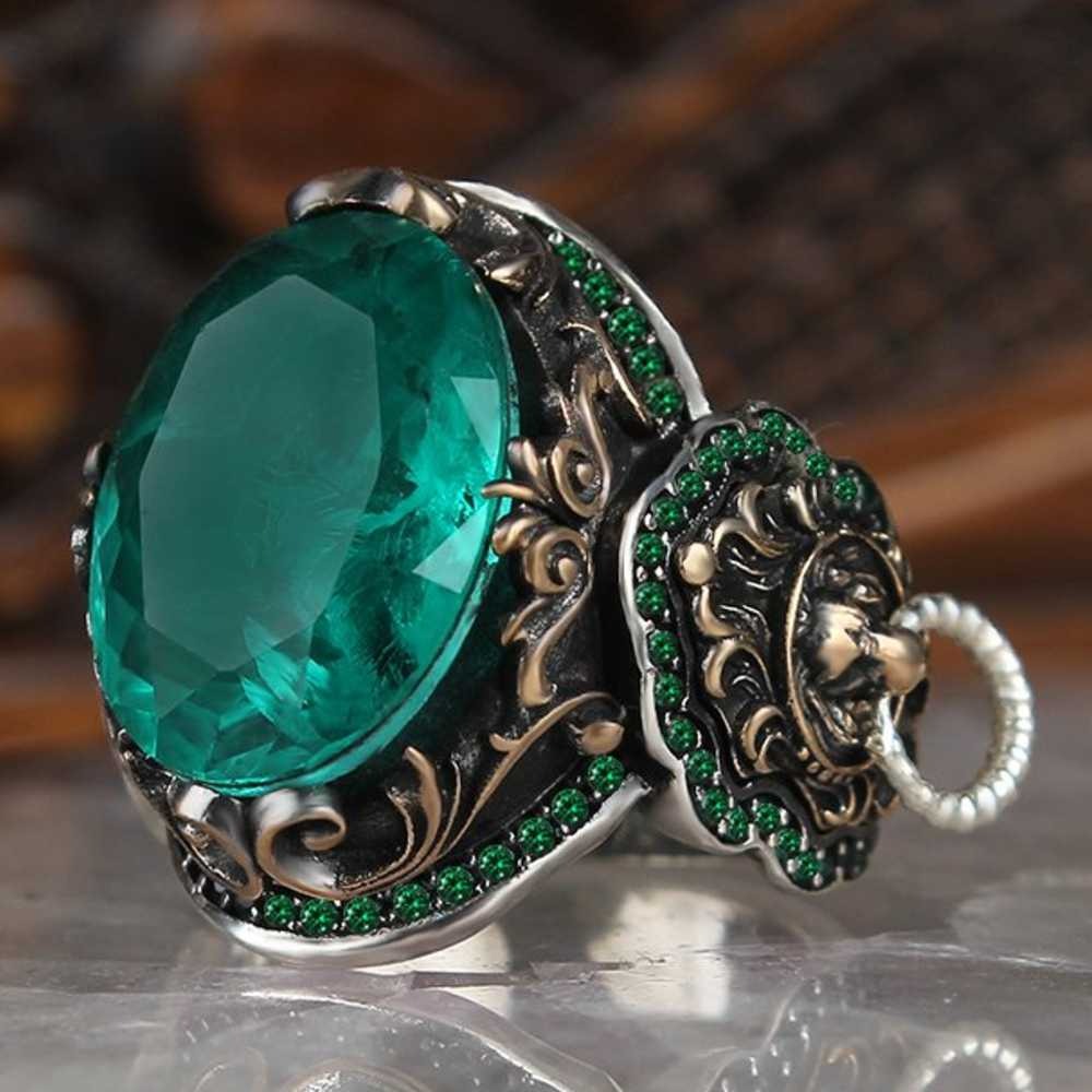 Silver Clear Tourmaline Stone Lion Mens Ring