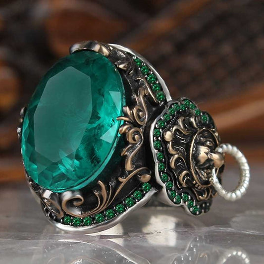 Silver Clear Tourmaline Stone Lion Mens Ring