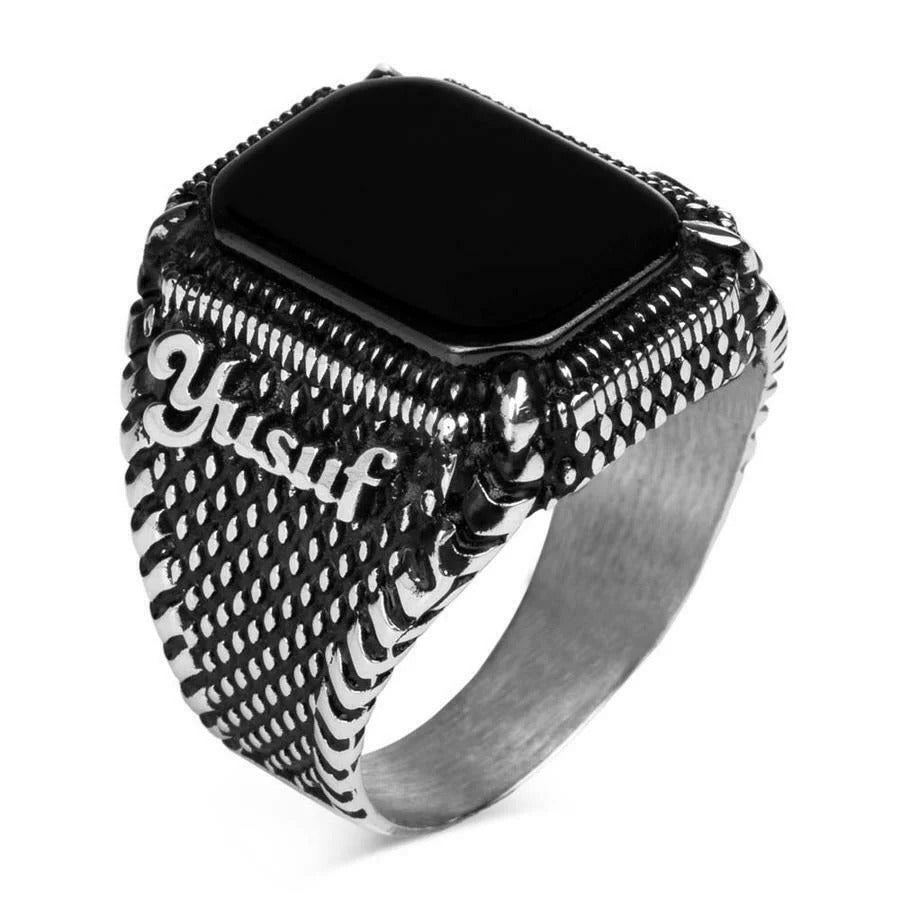 Silver Customizable Black Onyx Stone Mens Ring