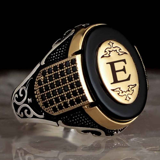 Silver Customizable Onyx Stone Letter Mens Ring