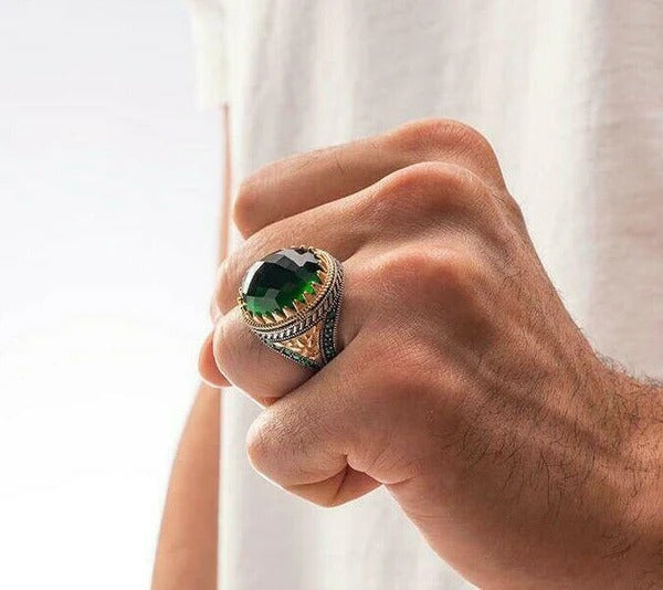 Silver Faceted Cut Emerald Stone Mens Ring