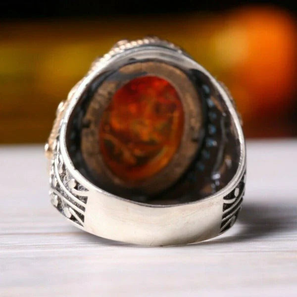 Silver Fossil Amber and Turquoise Stone Luxury Mens Ring