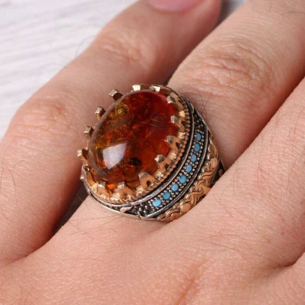 Silver Fossil Amber and Turquoise Stone Luxury Mens Ring