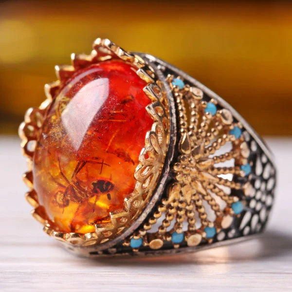 Silver Fossil Amber and Turquoise Stone Mens Ring