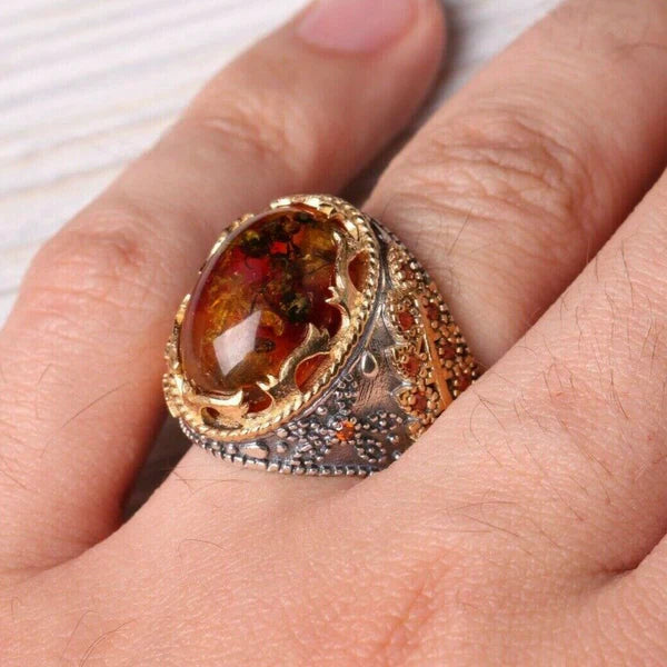 Silver Fossil Amber and Turquoise Stone Mens Ring