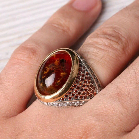 Silver Fossil Amber and Zircon Stone Mens Ring