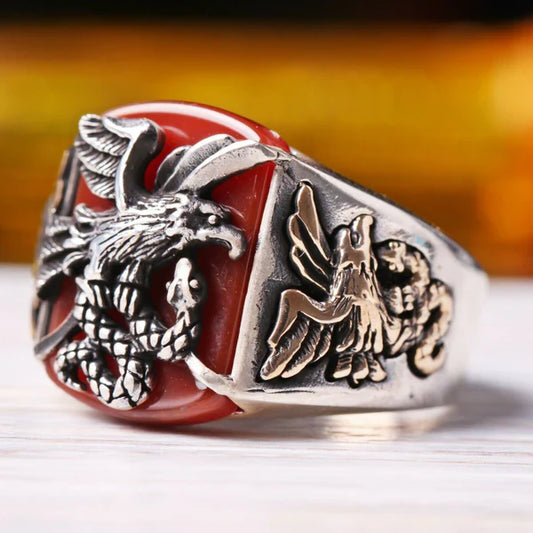 Silver Freedom Eagle Style Agate Aqeeq Stone Mens Ring