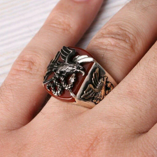 Silver Freedom Eagle Style Agate Aqeeq Stone Mens Ring