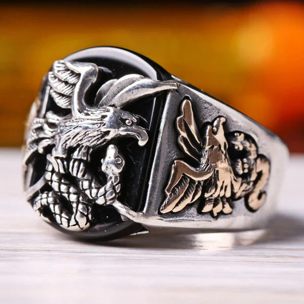 Silver Freedom Eagle Style Onyx Stone Mens Ring