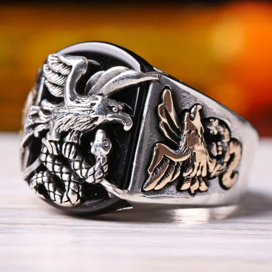 Silver Freedom Eagle Style Onyx Stone Mens Ring