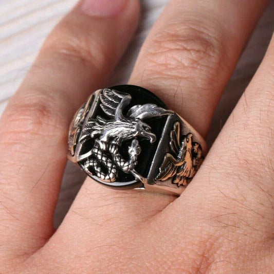 Silver Freedom Eagle Style Onyx Stone Mens Ring