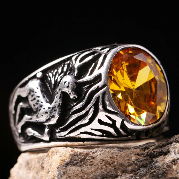 Silver Gazelle Style Yellow Citrine Stone Mens Ring