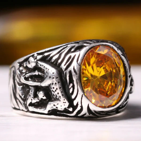 Silver Gazelle Style Yellow Citrine Stone Mens Ring