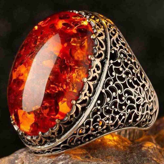 Silver Gorgeous Big Amber Stone Mens Ring