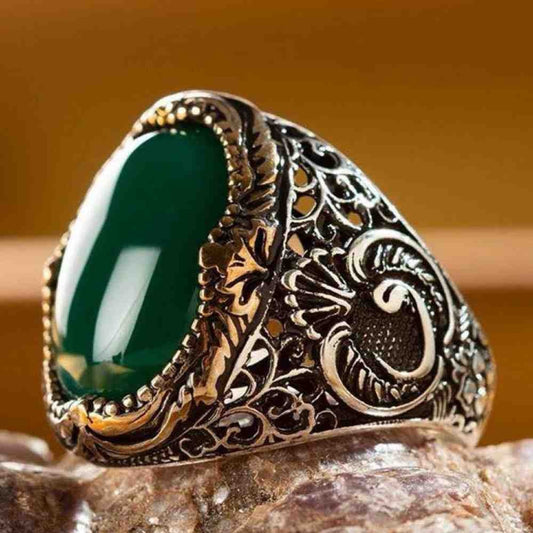 Silver Green Agate Aqeeq Best Mens Ring