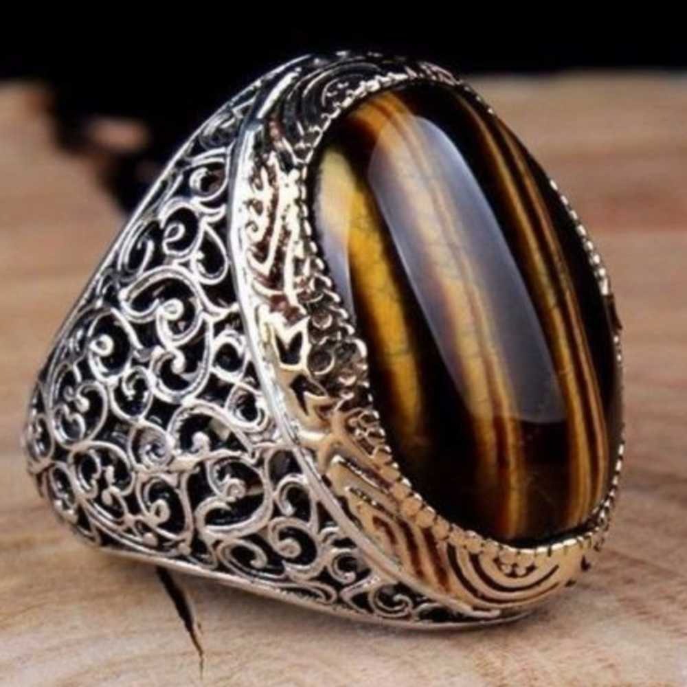 Silver Heavy Natural Tigers Eye Mens Ring